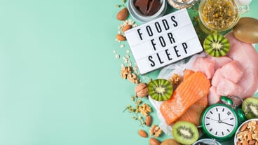 Assortment of food rich in sleep promoting hormone melatonin and tryptophan to have before bed.