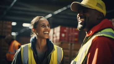 Multiracial smiling workers having fun inside container cargo terminal